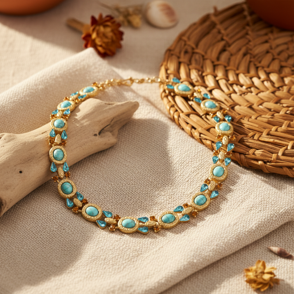 Vintage 18K Gold-Plated Turquoise & Crystal Necklace