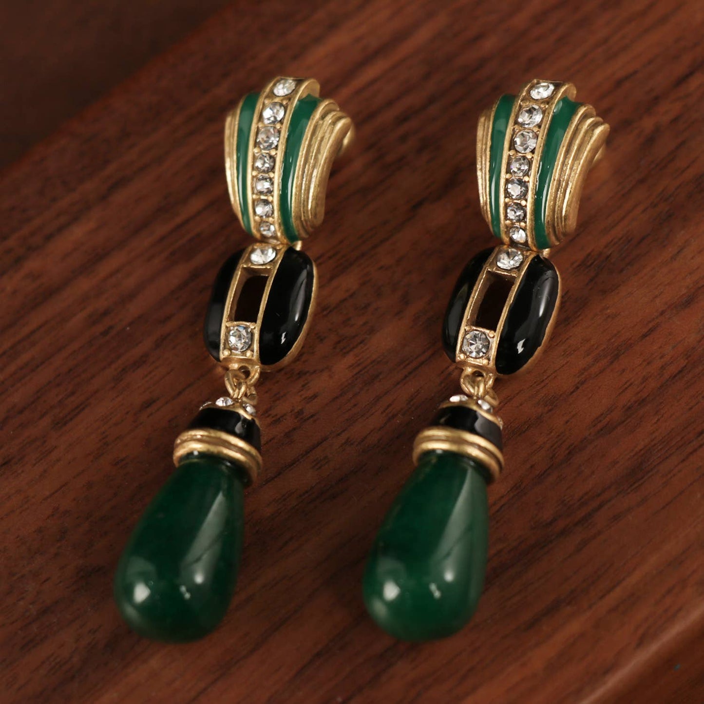 Vintage 18K Gold Plated Green Agate Enamel Dangle Earrings