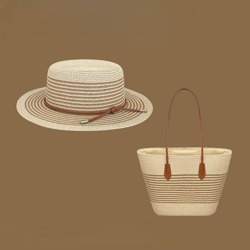Beach Striped Straw Hat & Straw Tote Combo Set: B1 / M