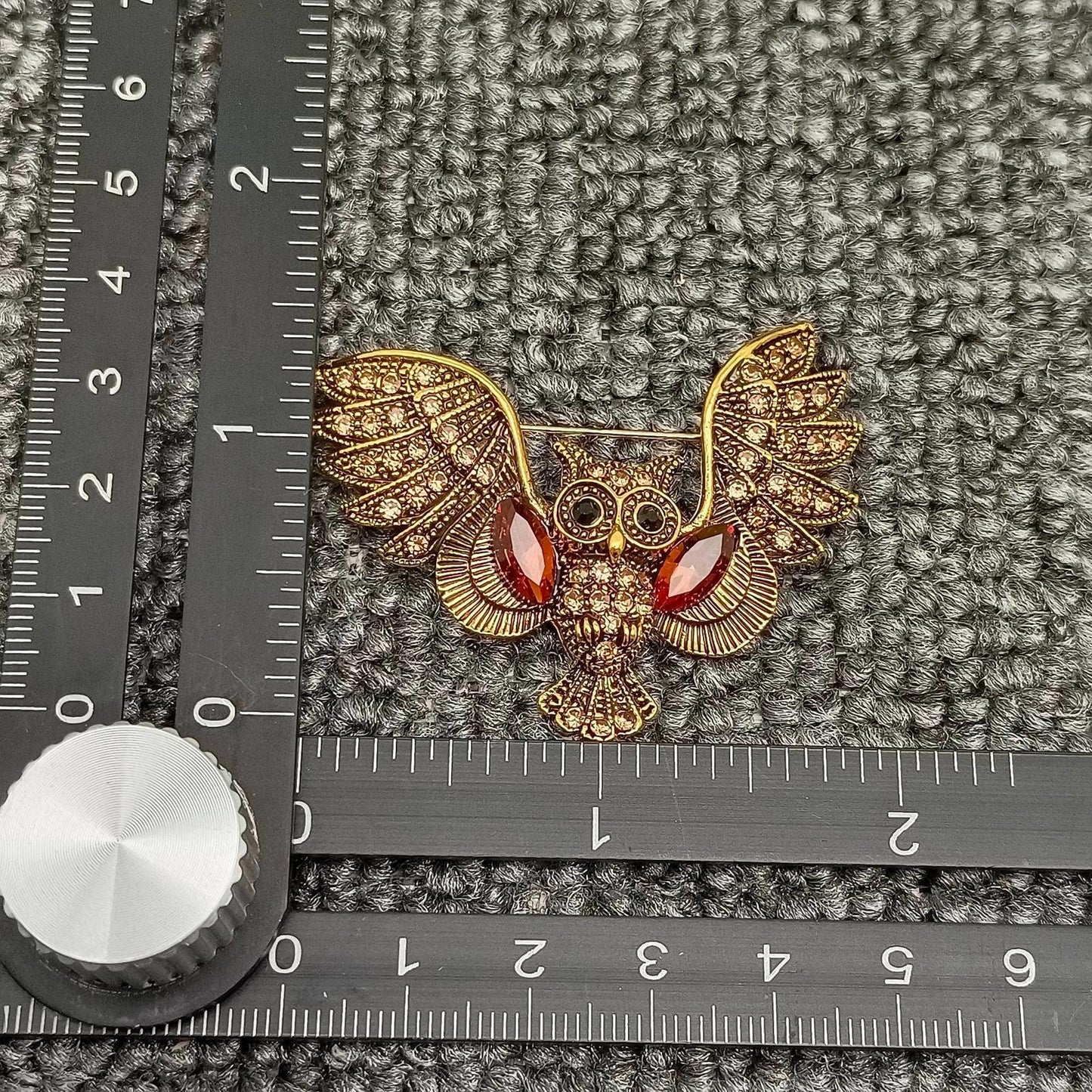 Gold-Tone Owl Brooch with Amber and Clear Rhinestones