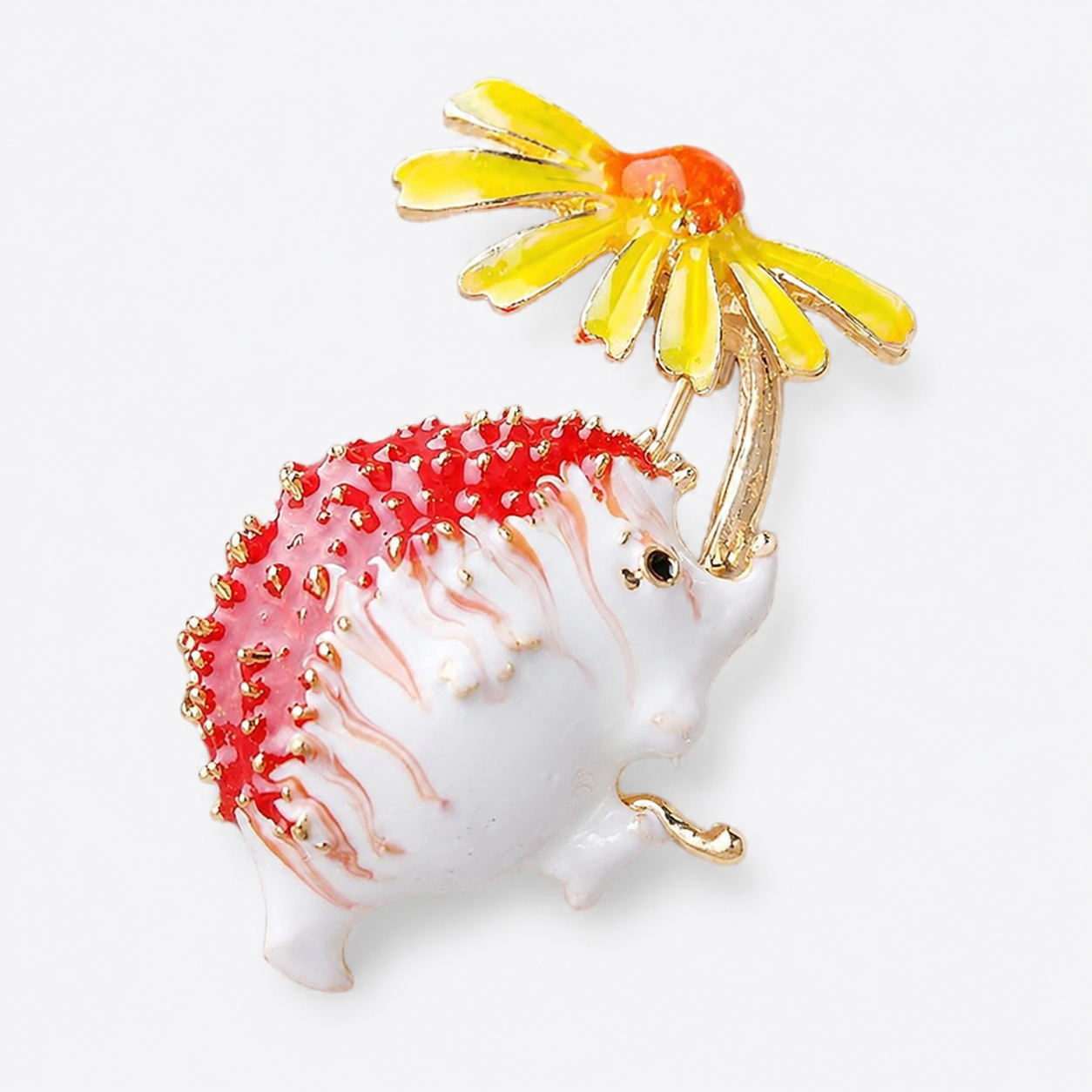 Whimsical Enamel Hedgehog and Daisy Brooch Pin: A1
