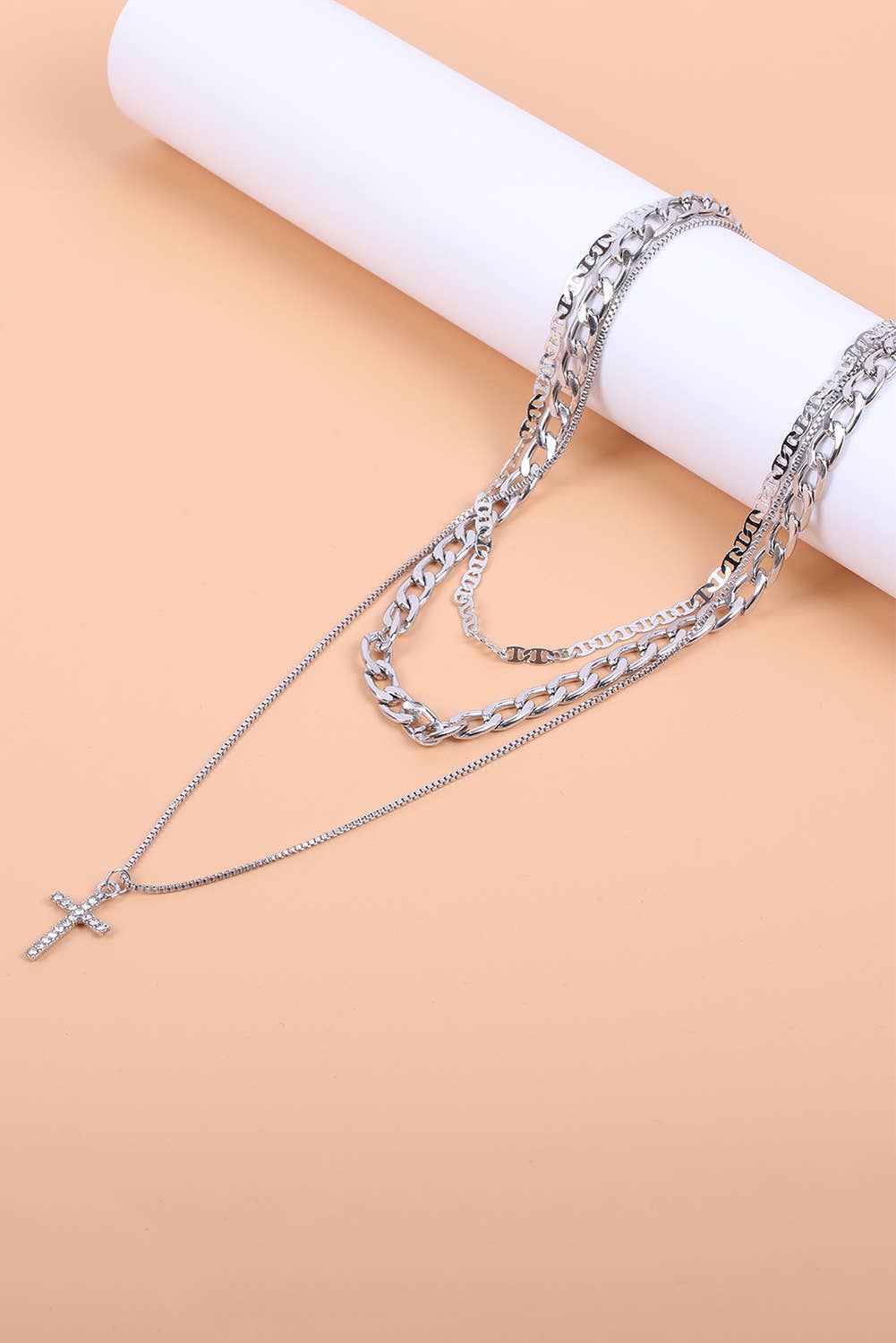 Plated Cross Pendant Multi Layer Stacked Chains Necklace: Gold / ONE SIZE