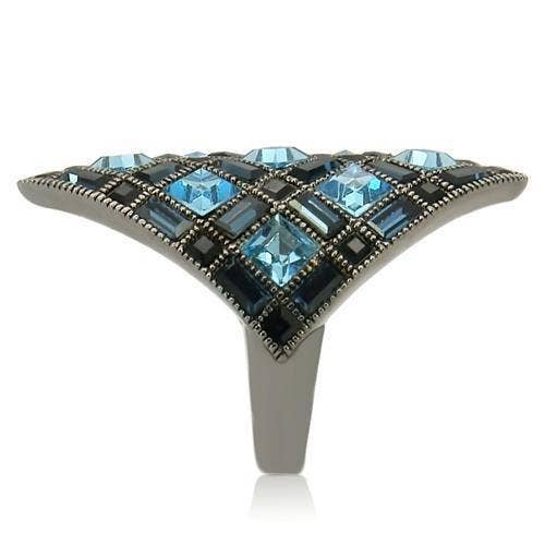 0W235 - Ruthenium Brass Ring with Top Grade Crystal in Sea Blue: 9