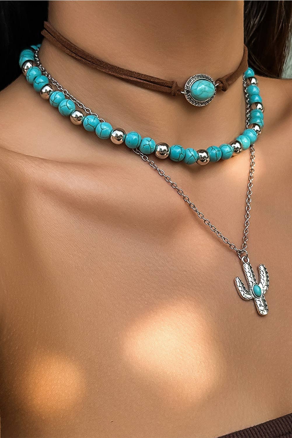 Beading Cactus Charm 3pcs Layered Necklace: Turquoise
