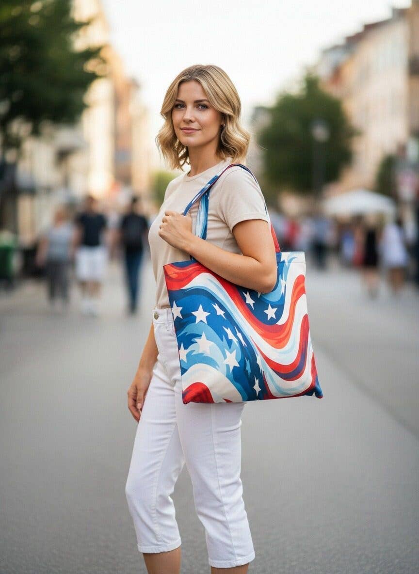 JCFB0282 Blue-Orange Red Stars and Stripes Tote Bag