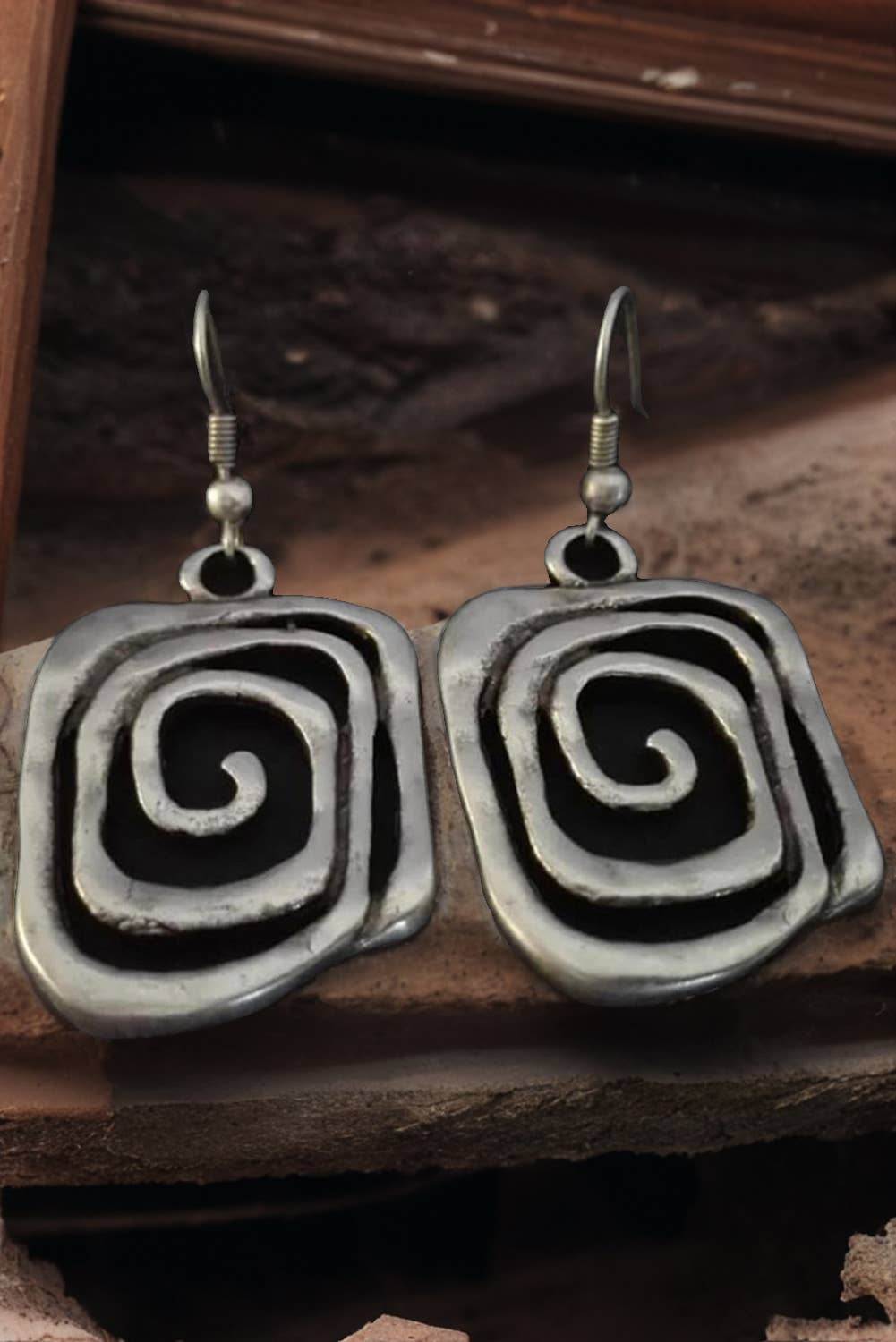 Vintage Square Swirl Hook Earrings: Silvery