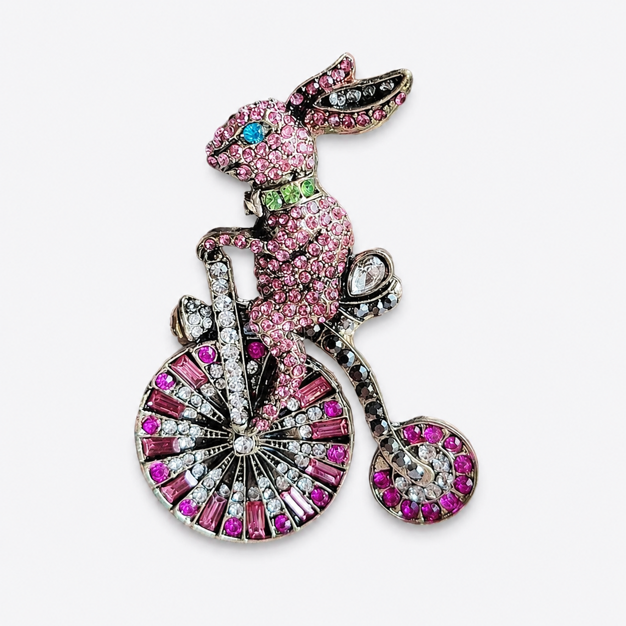 Whimsical Crystal Rabbit on Bicycle Brooch Pin: A1