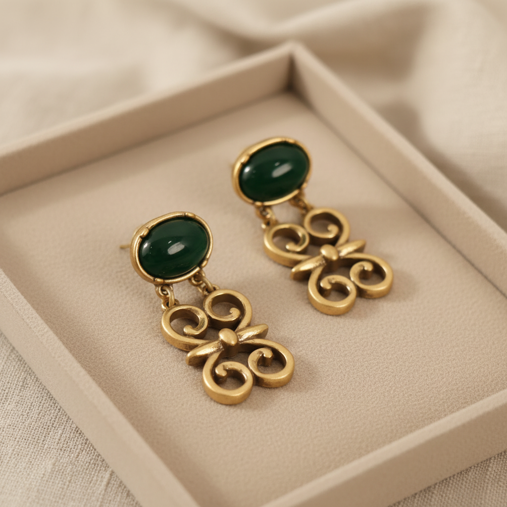 Vintage Green Stone Dangle Earrings - Elegant & Timeless