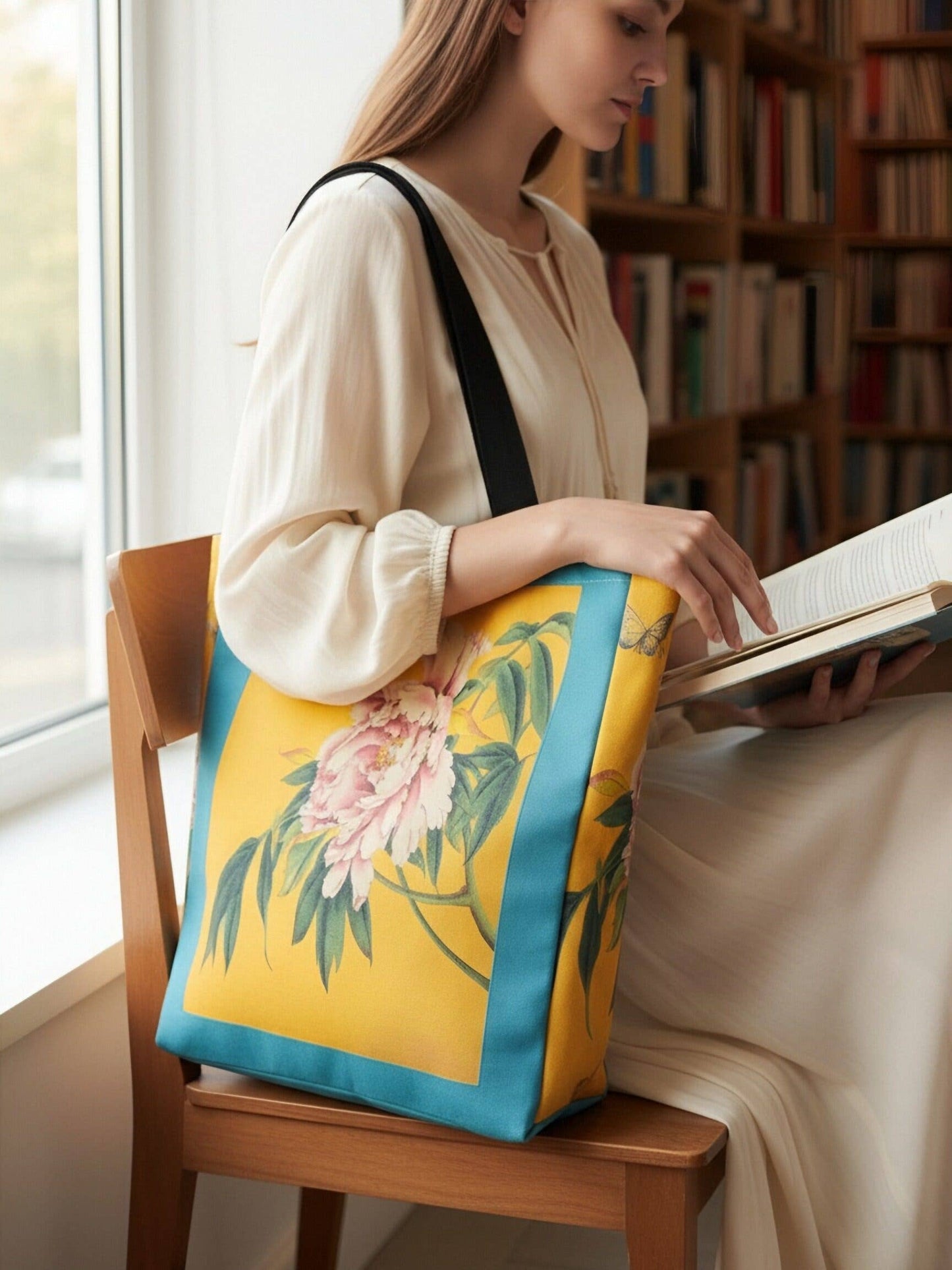 JCB16 Teal-Yellow Peony Luxury Thick Canvas Tote with Side Gusset