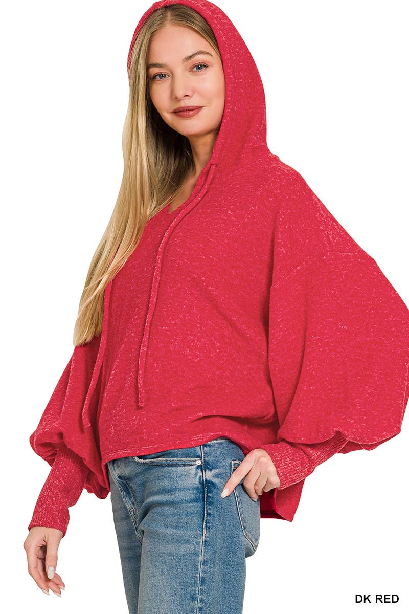 Soft Brushed Hacci Cropped Balloon Sleeve Hoodie Zenana: DUSTY BLUE-201630 / L/XL