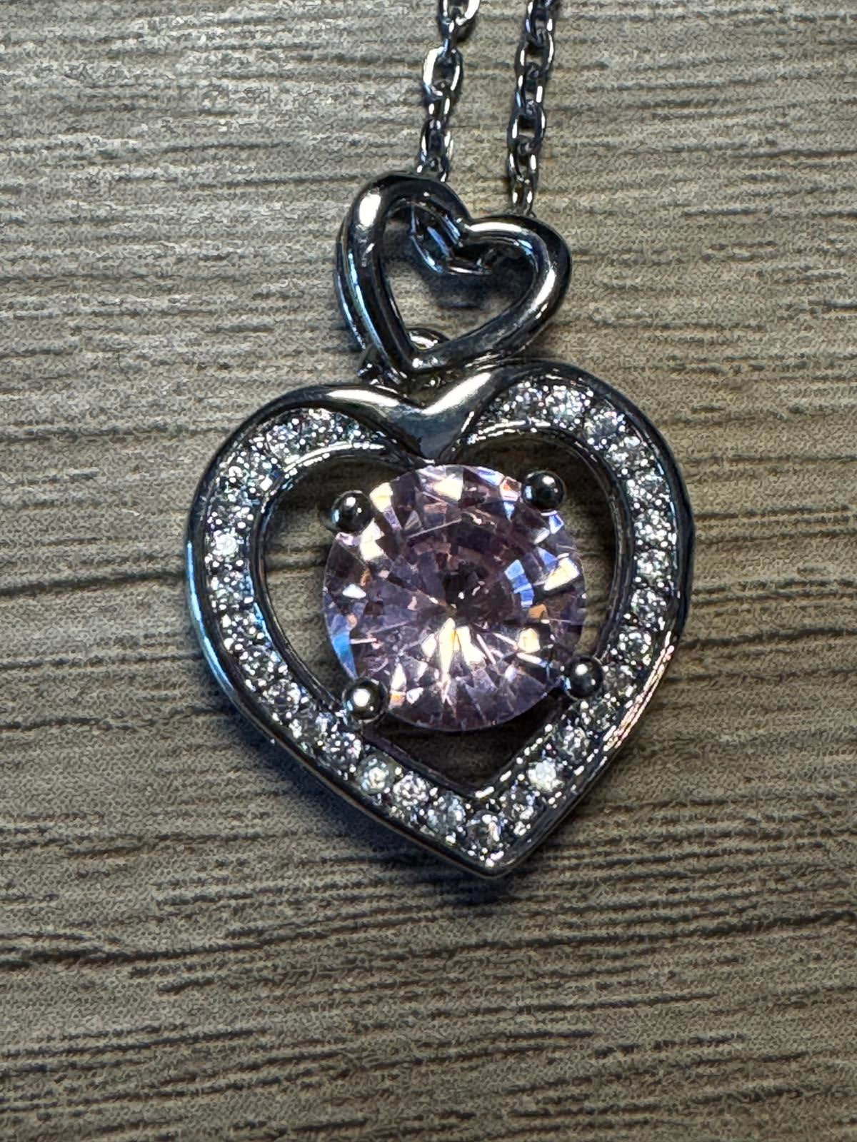 Heart Pendant Necklace with Pink Center Gemstone Stainless