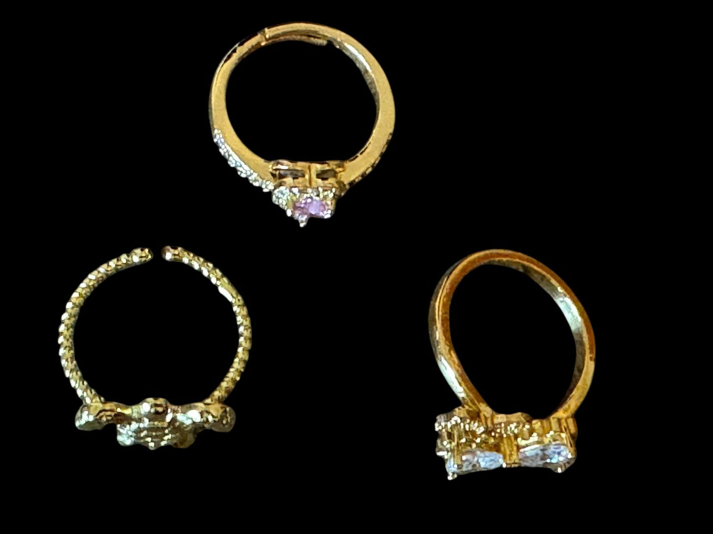 Set of 3 Gold Tone Rings with Pink and Clear Stones