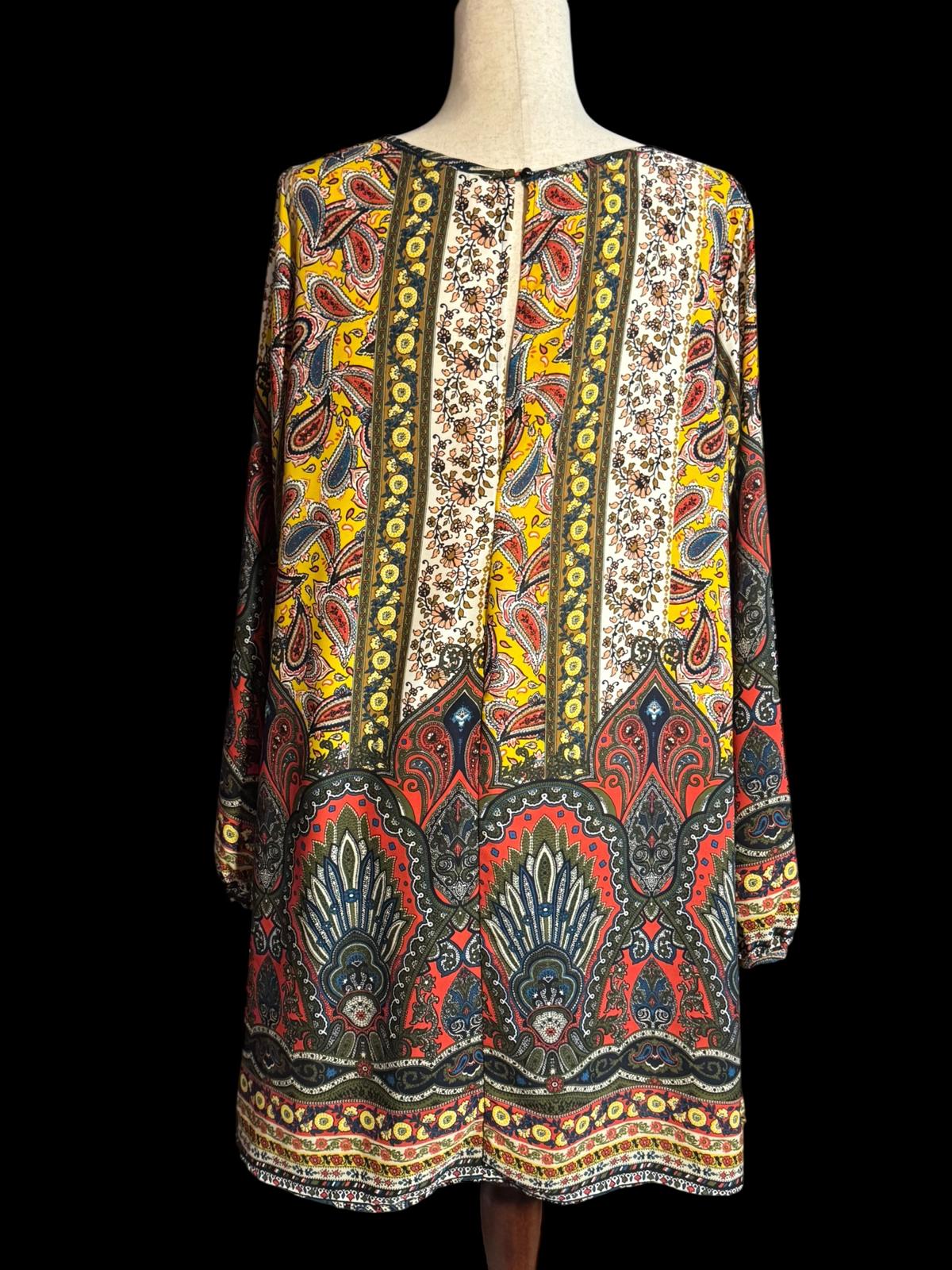 Bohemian Style Long Sleeve Tunic Dress with Paisley Print