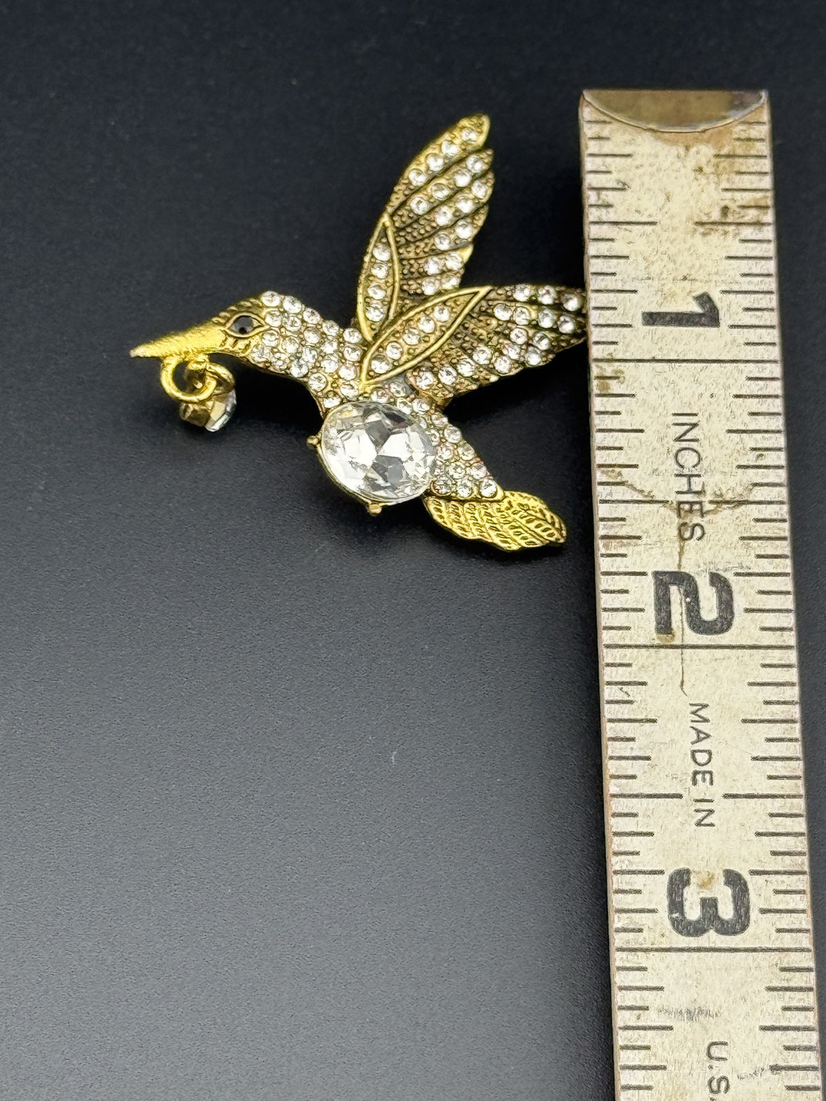 Gold Tone Crystal Hummingbird Brooch Pin
