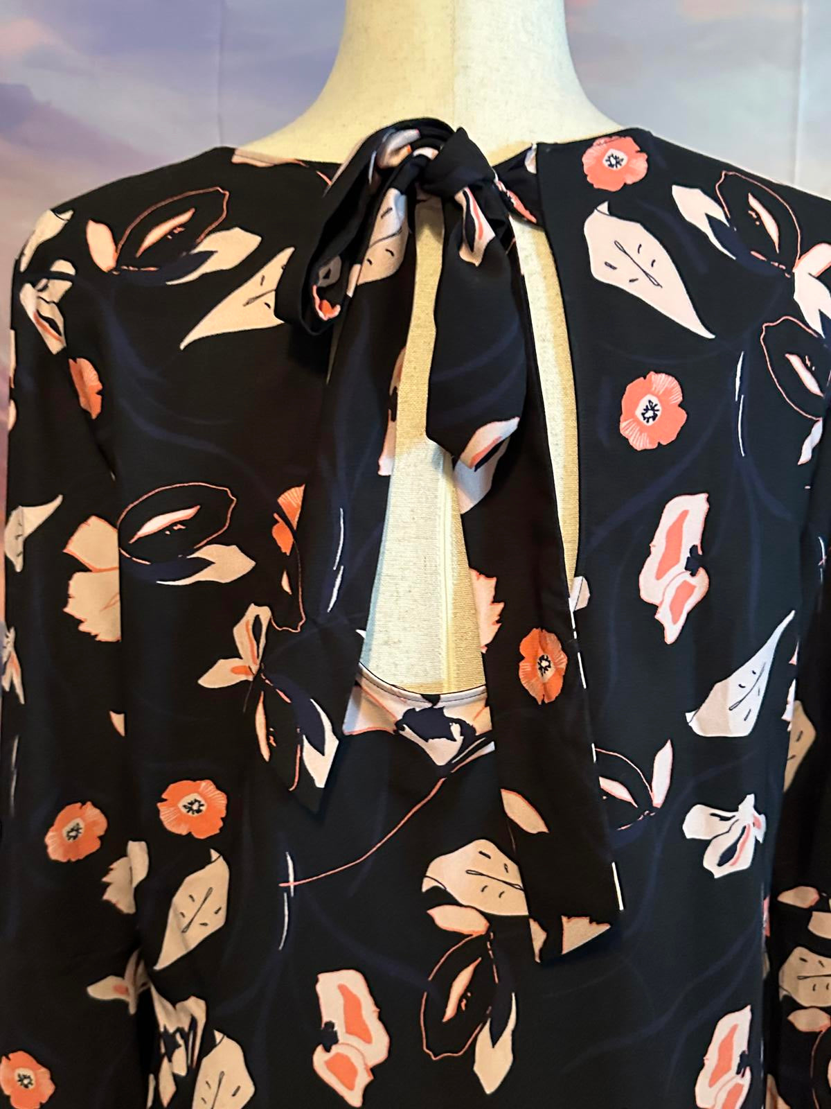 Halogen Black Floral Long Sleeve Dress with Back Tie Detail