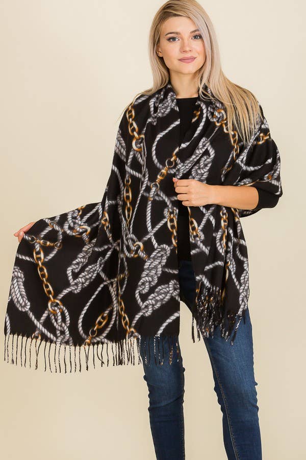 Chain and Rope Printed Cashmere Felt Fringed Scarves: Beige