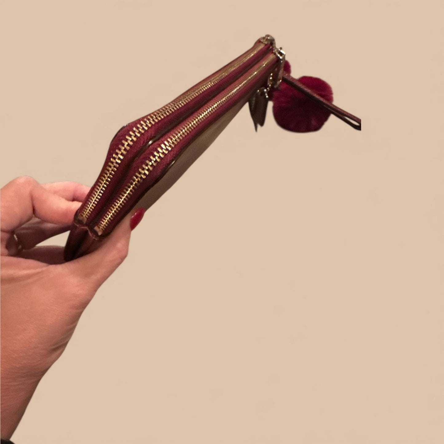 Coach Women's Leather Wristlet Clutch with Pom Pom Charm