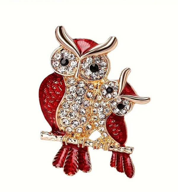 ( S028 ) Red and Gold Crystal Owl Pair Brooch Pin