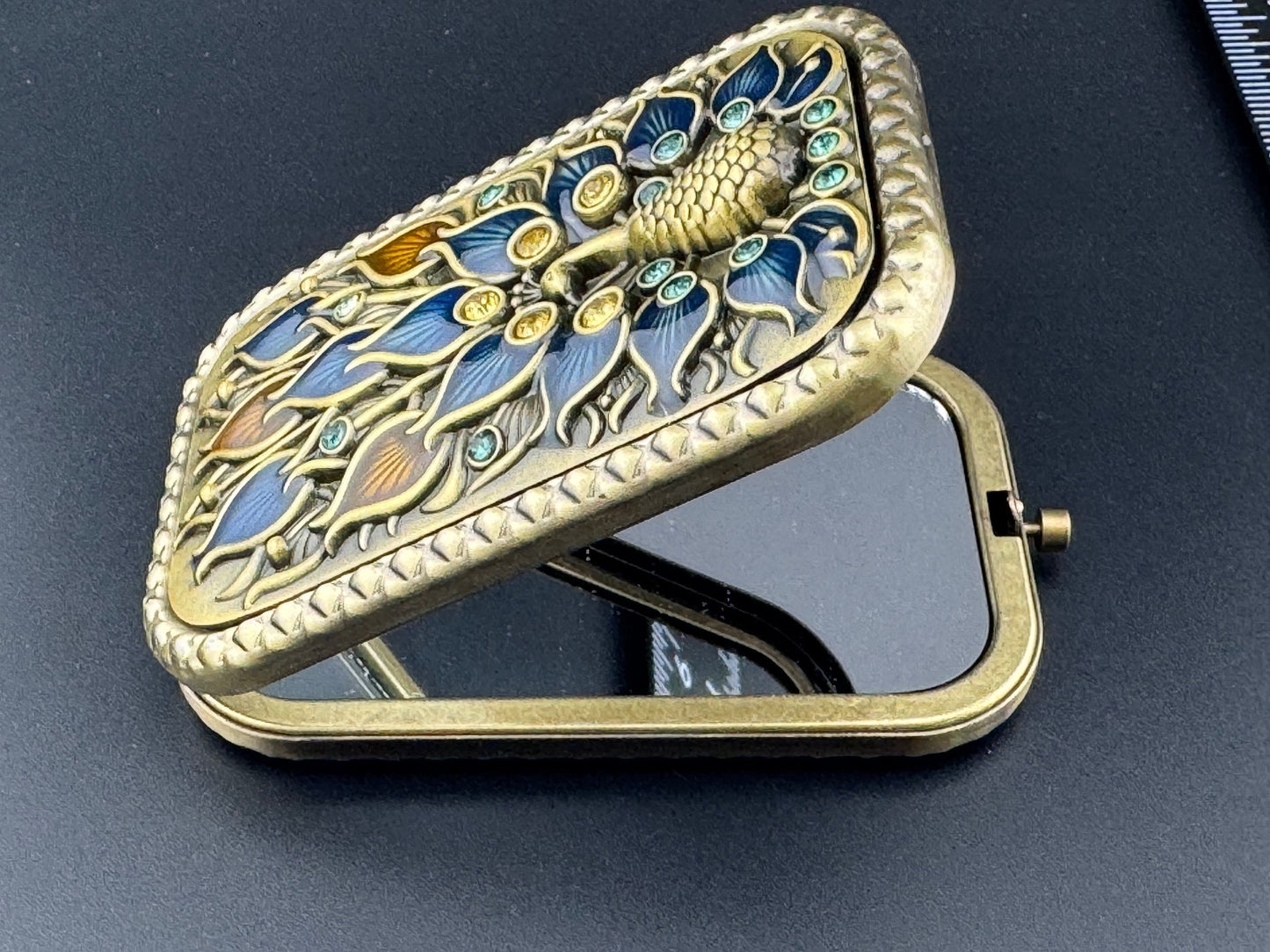 Brass Peacock Compact Mirror with Enamel and Rhinestones