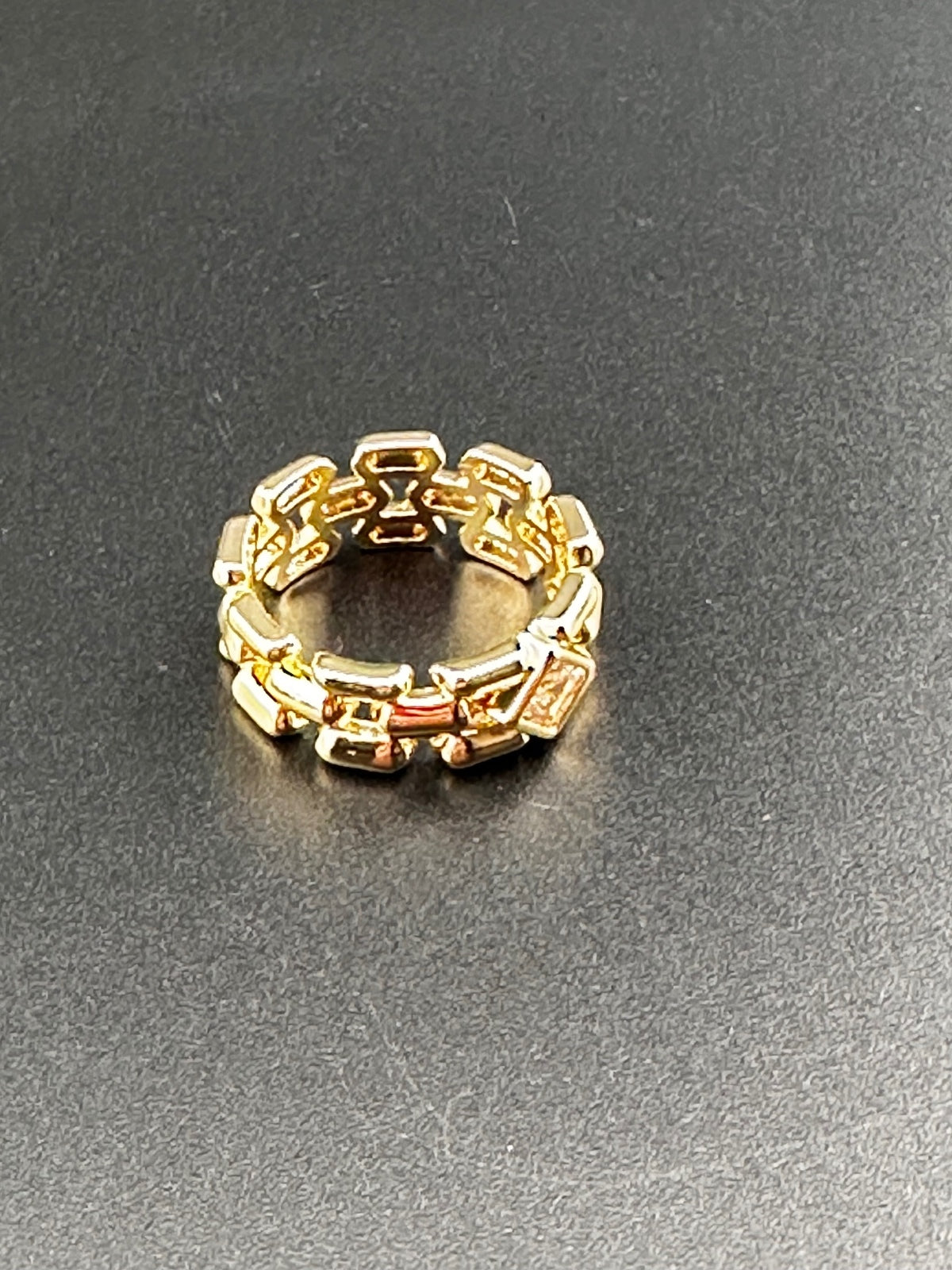 Elegant Gold Tone Link Ring with Square Clear Stone 7.5