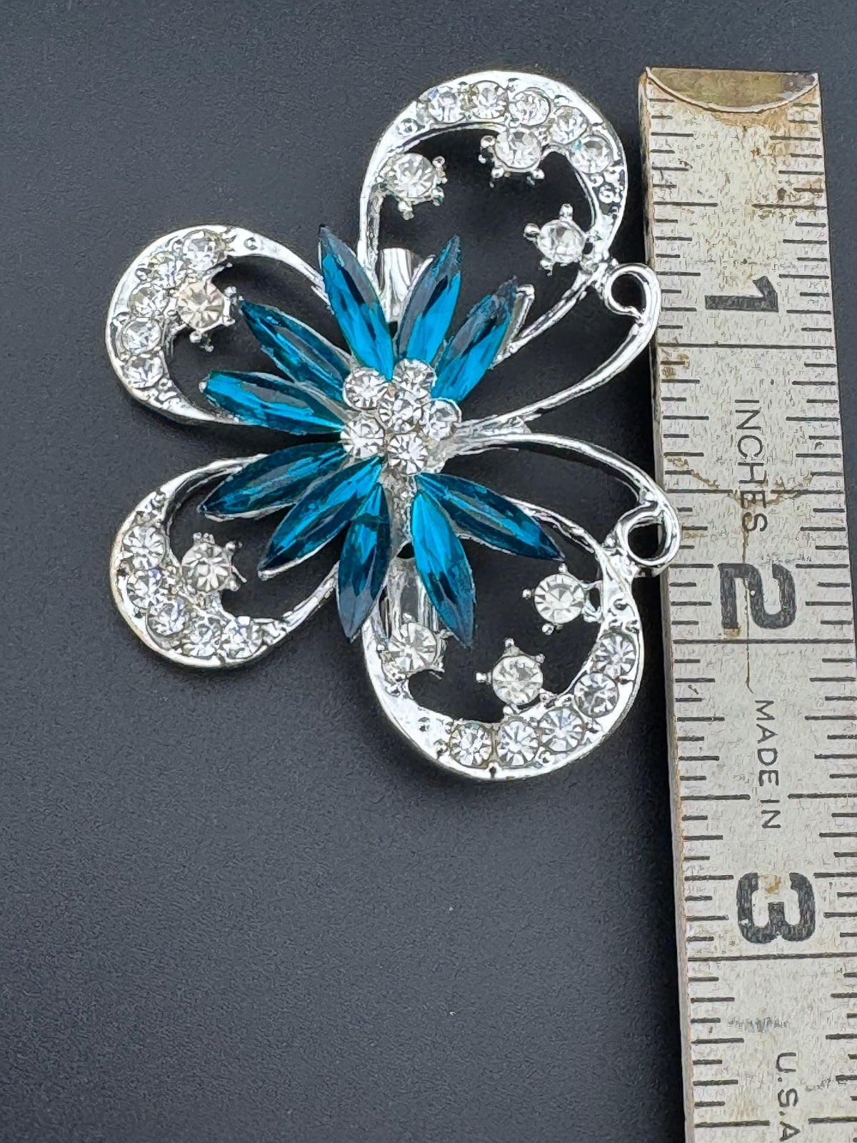 Silver Tone Blue Crystal Butterfly Brooch Pin