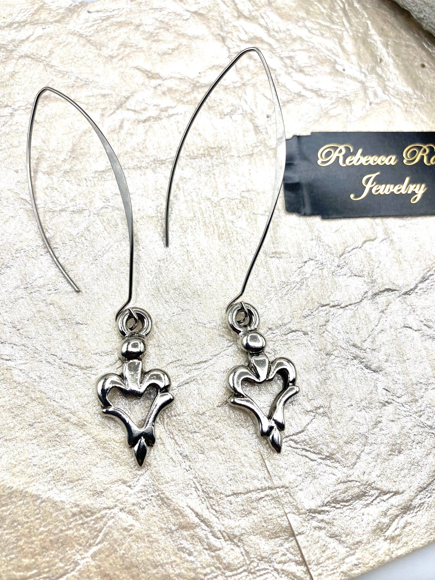 Silver Linear Heart Drop Earring