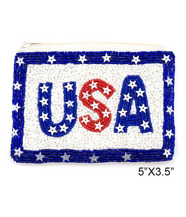 ( K188 ) AMERICAN FLAG HANDMADE SEEDBEAD COIN PURSE