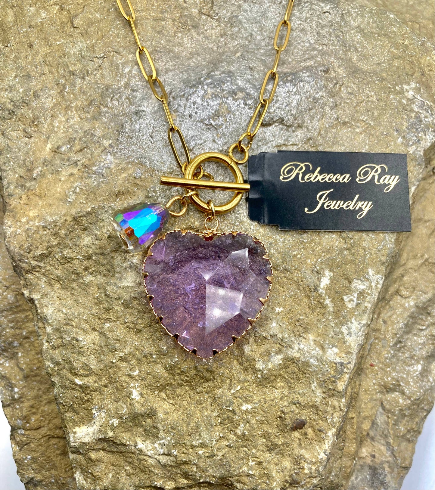 Charm Necklace with Pronged Crystal Heart Pendant: Pink