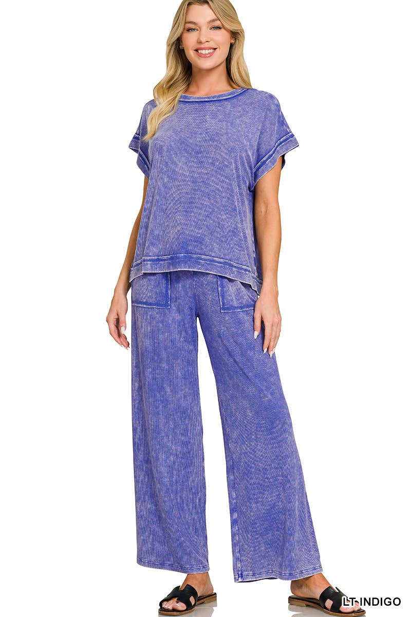 `Ribbed Washed Rayon Top & Pants Set Zenana: SLEET-186686 / M