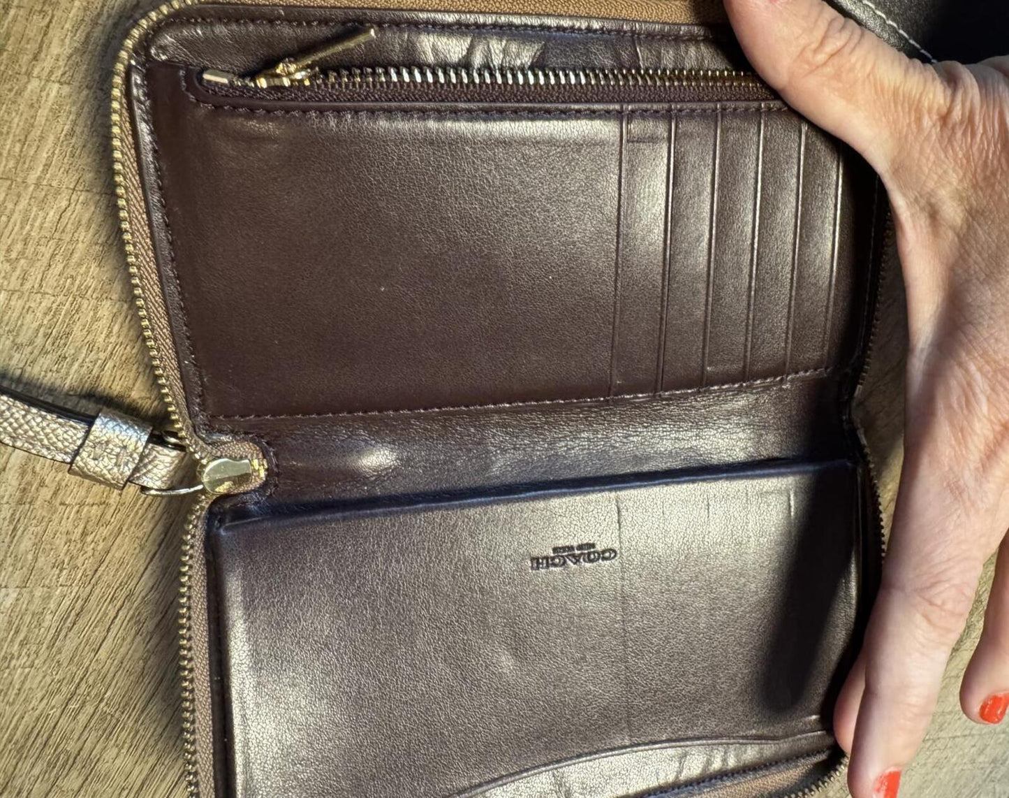 Coach Glitter Zip Wristlet Wallet Clutch with Leather Strap