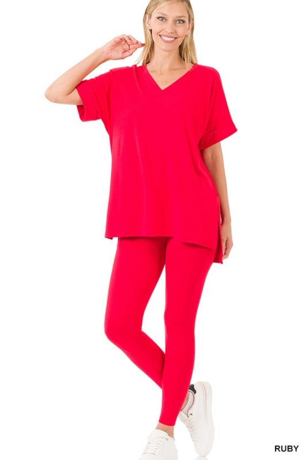 Women's Ruby Red V-Neck Tunic and Leggings Set