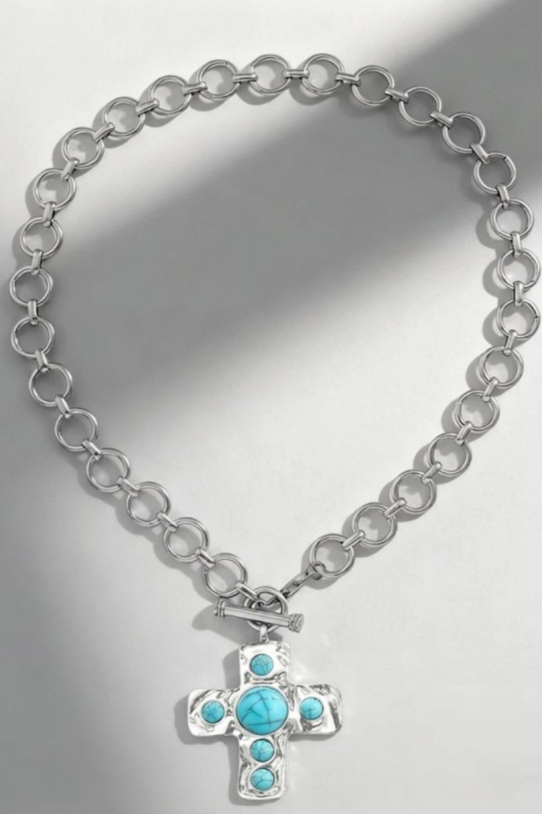 Silver Chain Necklace with Turquoise Cross Pendant