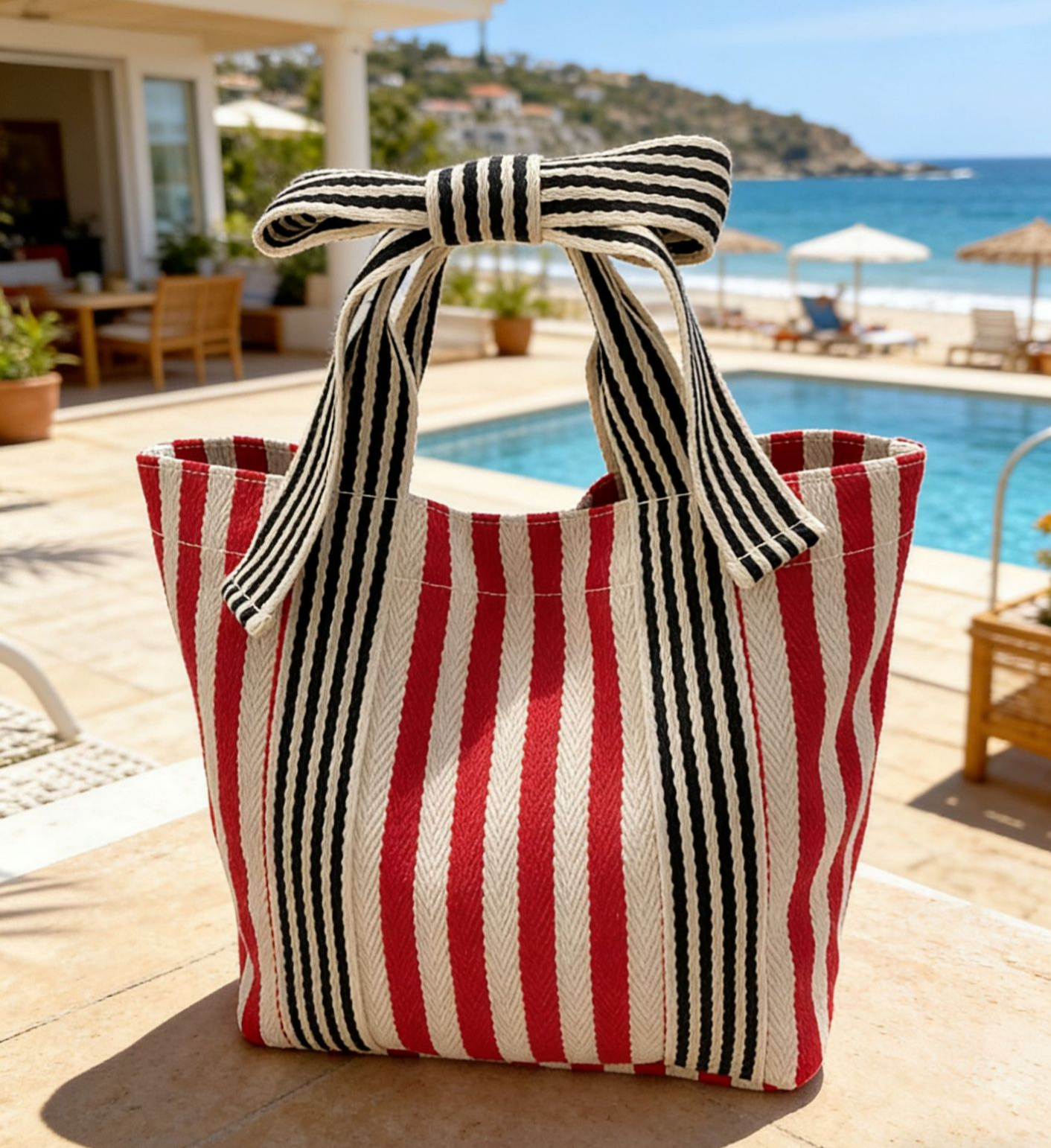 Striped Canvas Tote Bag Bow Handle Bag: Red / M