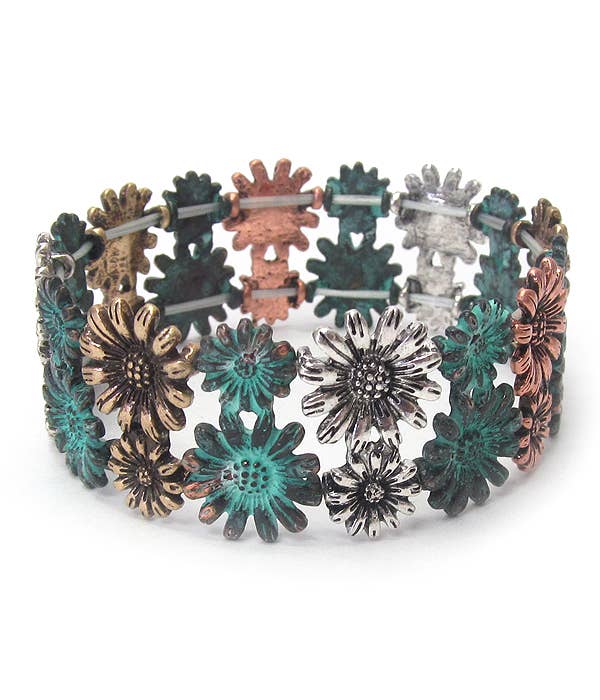 ( A364 )  VINTAGE METAL MULTI FLOWER STRETCH BRACELET