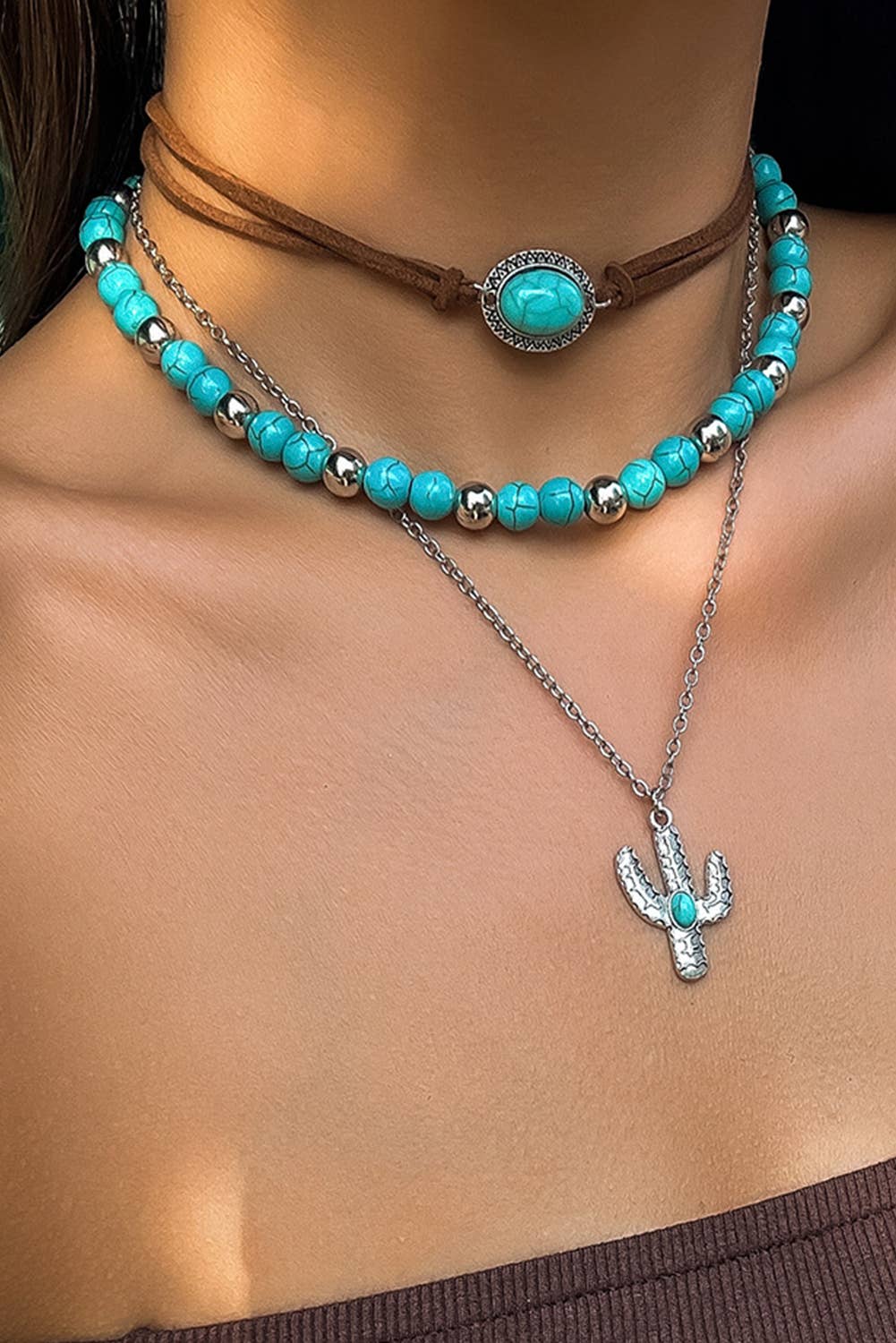 Beading Cactus Charm 3pcs Layered Necklace: Turquoise