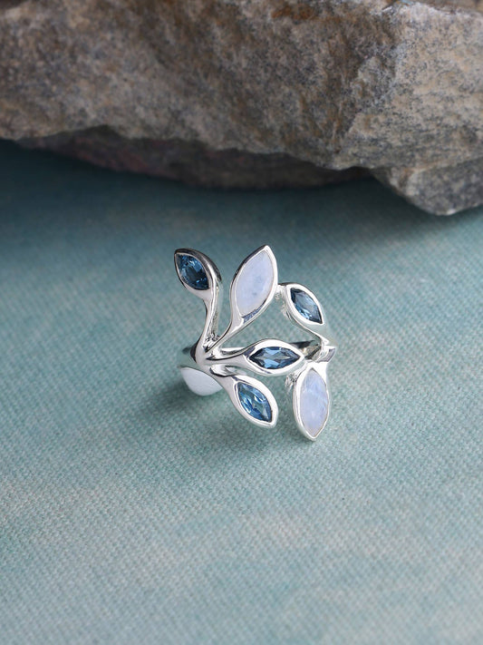 London Blue Topaz Moonstone 925 Sterling Silver Leaf Ring: 7