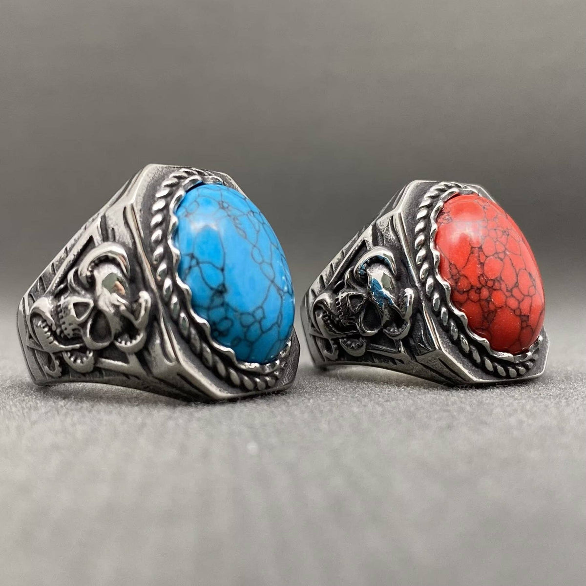 Turquoise Inlaid Skull Men's Stainless Steel Ring - MJ/MR: Red / 10
