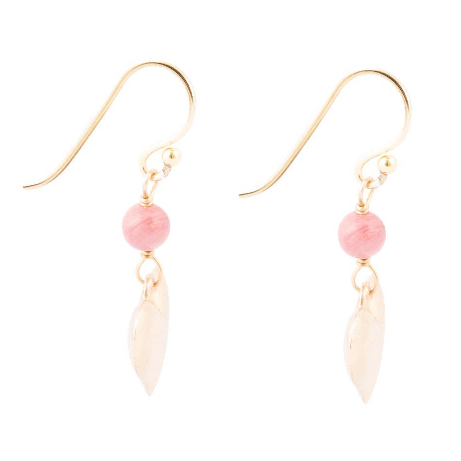 Pink Rhodonite and Golden Bronze Heart Charm Earrings