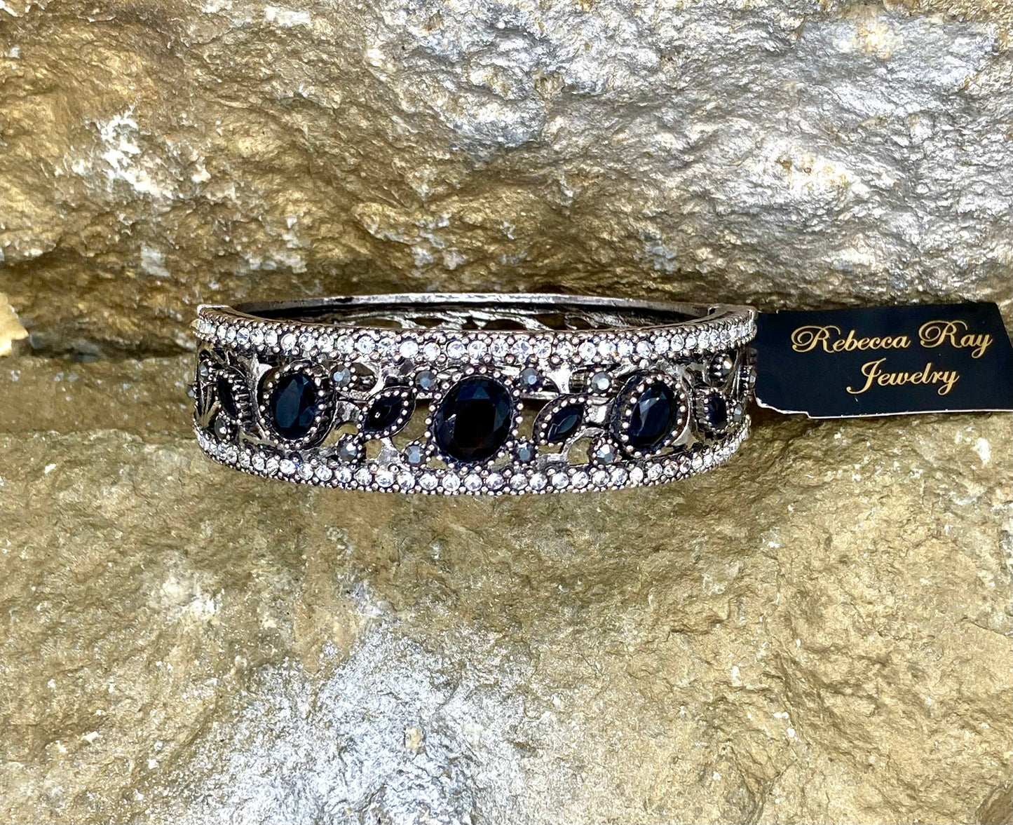 Boho Vintage Filagree Silver Bangle with Stones