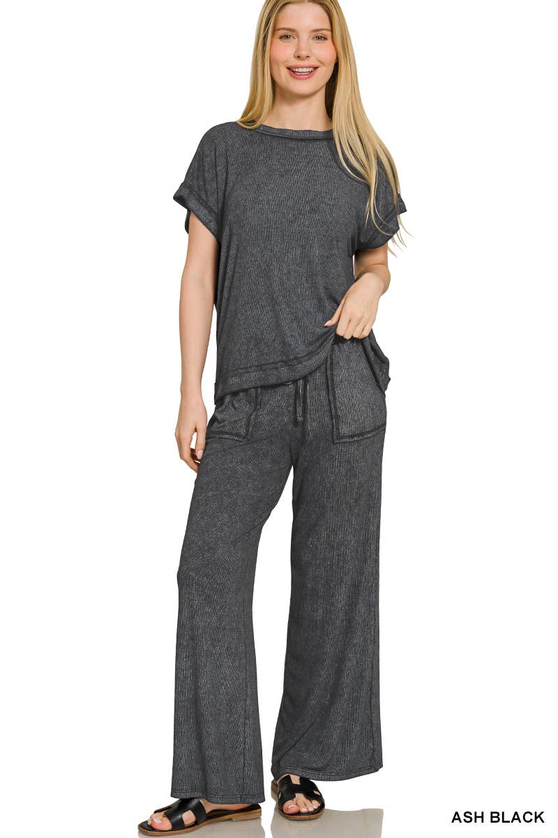 `Ribbed Washed Rayon Top & Pants Set Zenana: SLEET-186686 / M