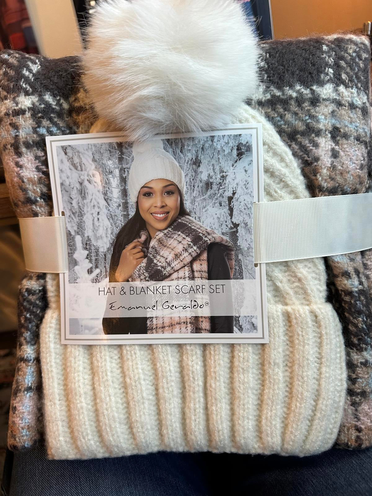 Hat & Blanket Scarf Set with Faux Fur Pom-Pom