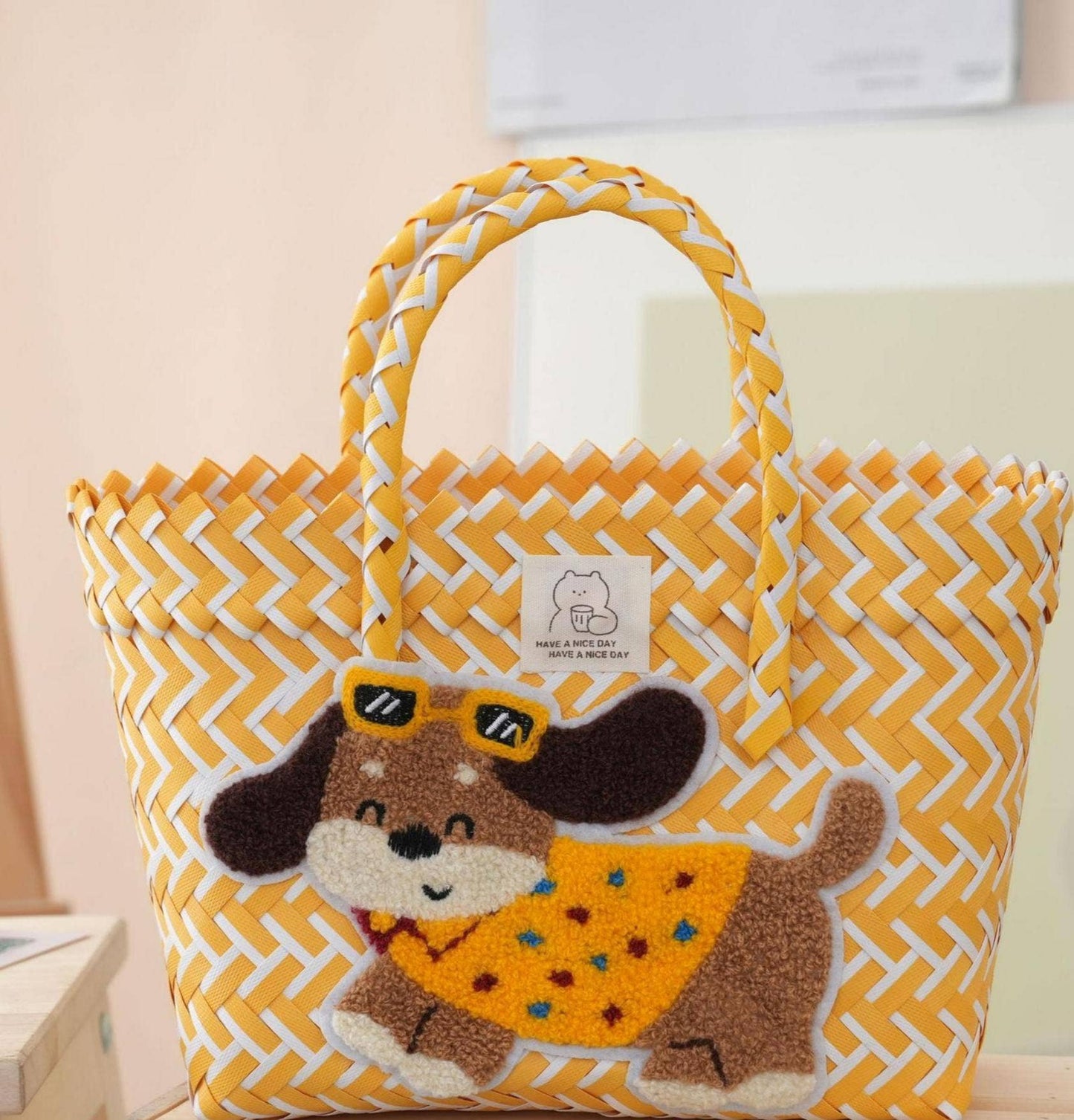 Dachshund Dog PVC Woven Handbag Beach Picnic Basket: Navyblue / M