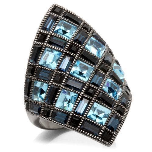 0W235 - Ruthenium Brass Ring with Top Grade Crystal  in Sea Blue: 6