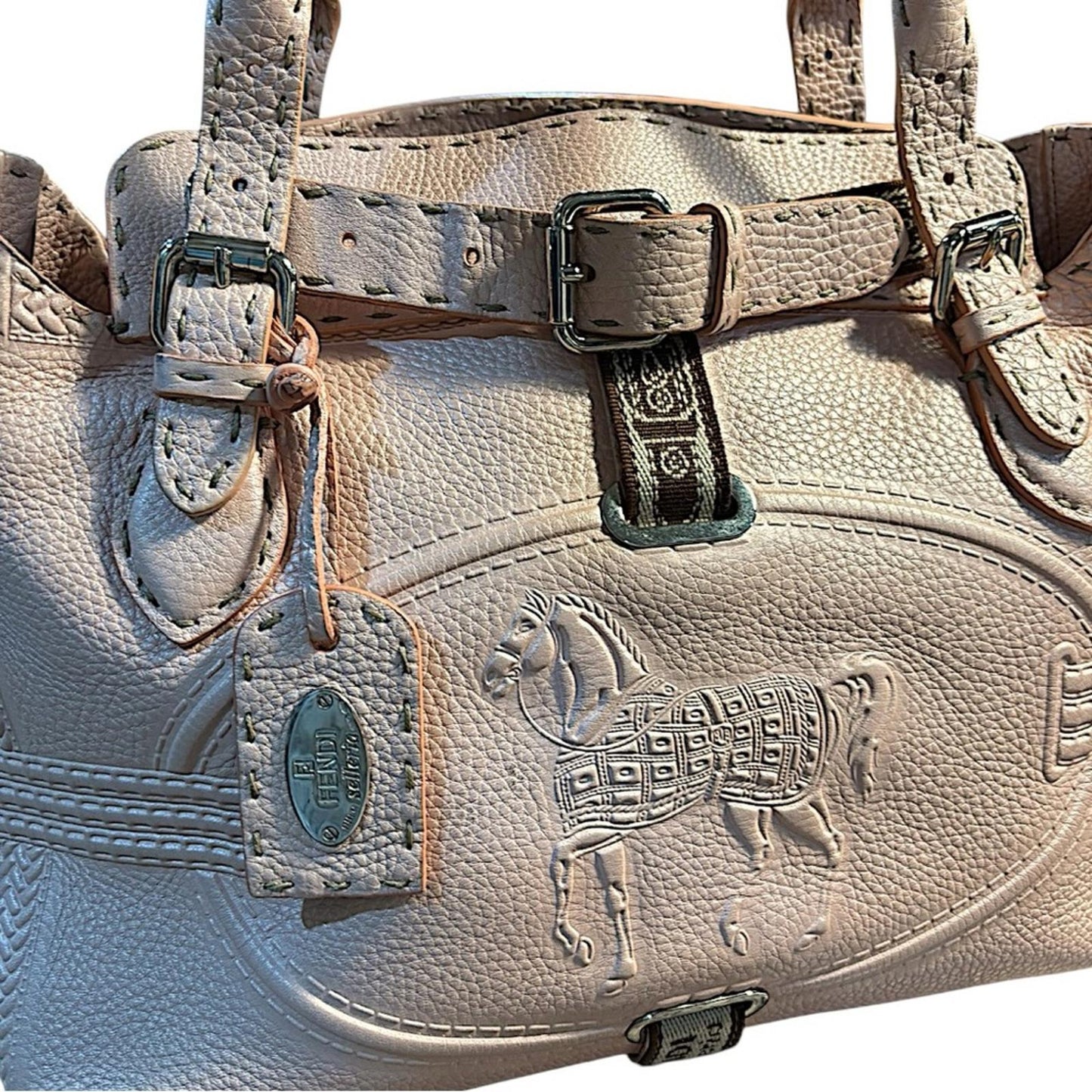 Fendi Selleria Horse Embossed Leather Satchel Tote Blush