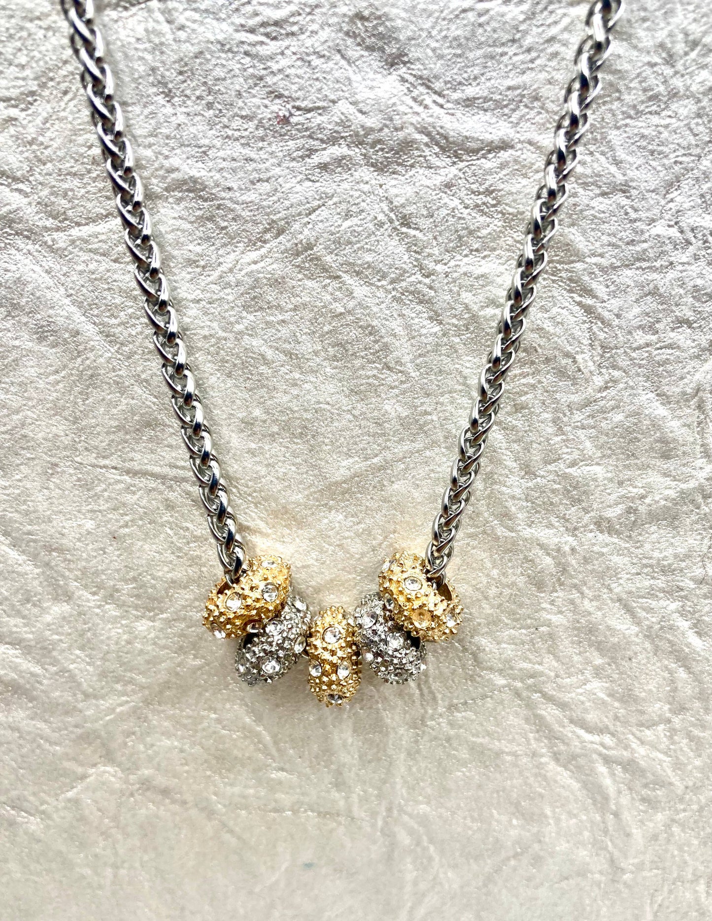 Crystal Charm Barrel Necklace: Silver