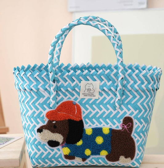 Dachshund Dog PVC Woven Handbag Beach Picnic Basket: Blue / M