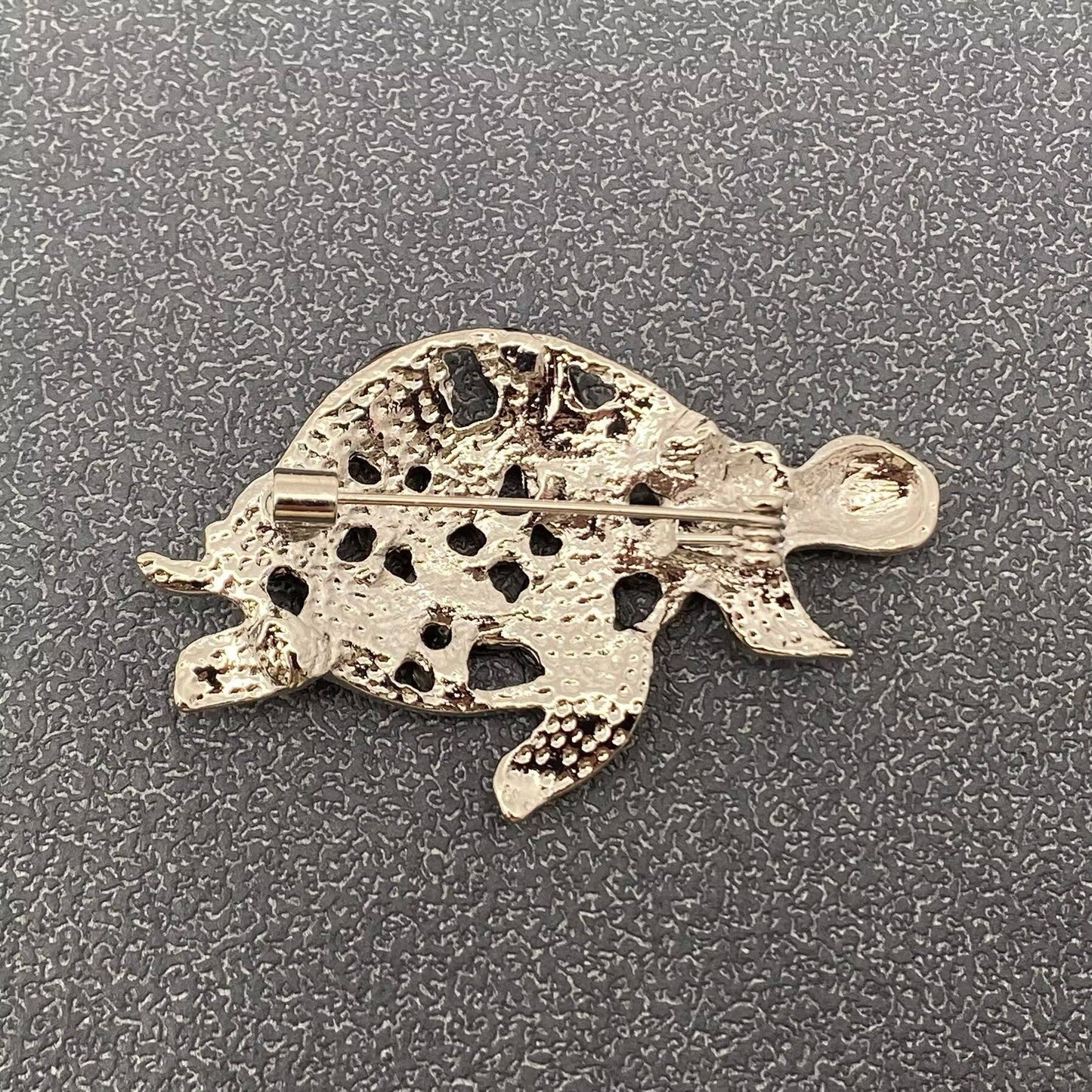 Abalone Shell & Rhinestone Turtle Silver Tone Brooch