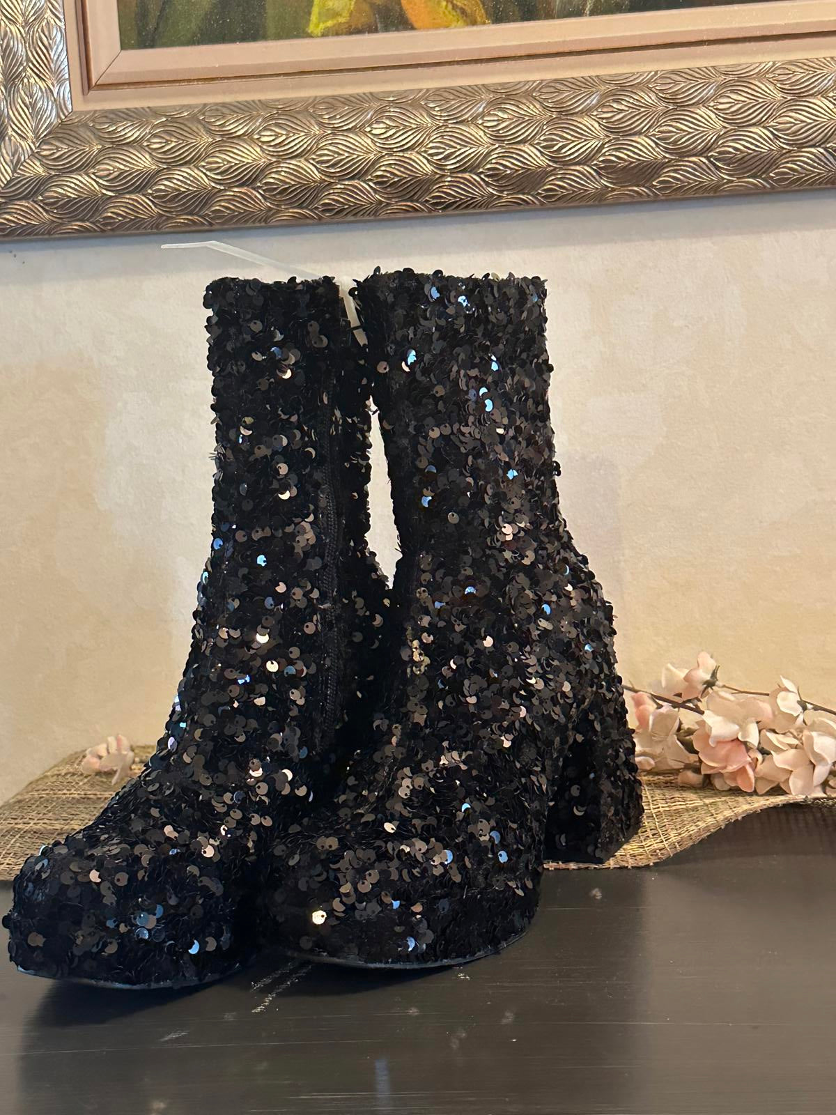 Black Sequin Women's Ankle Boots with Block Heel, Size 6M