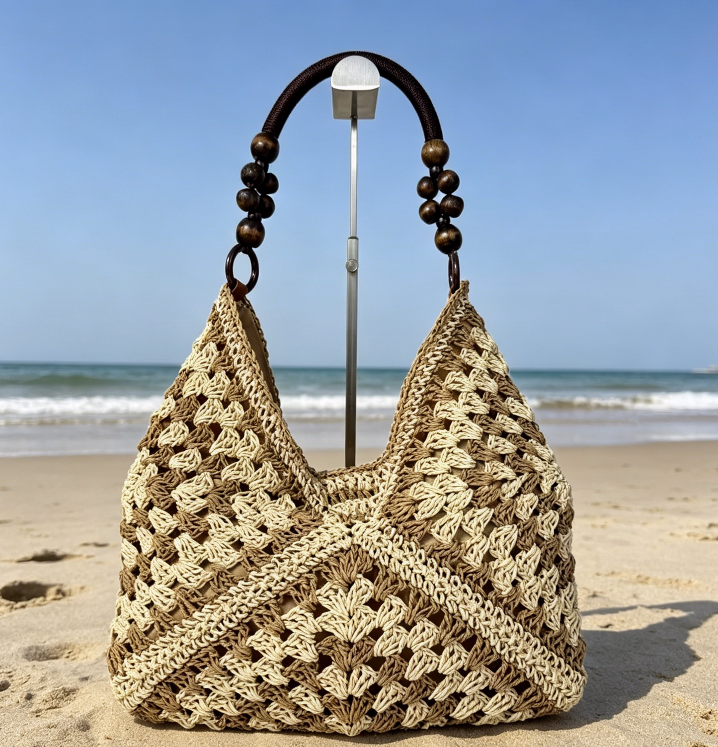 Crochet Straw Hobo Bag Bead Hollow Shoulder Bag: Khaki / M