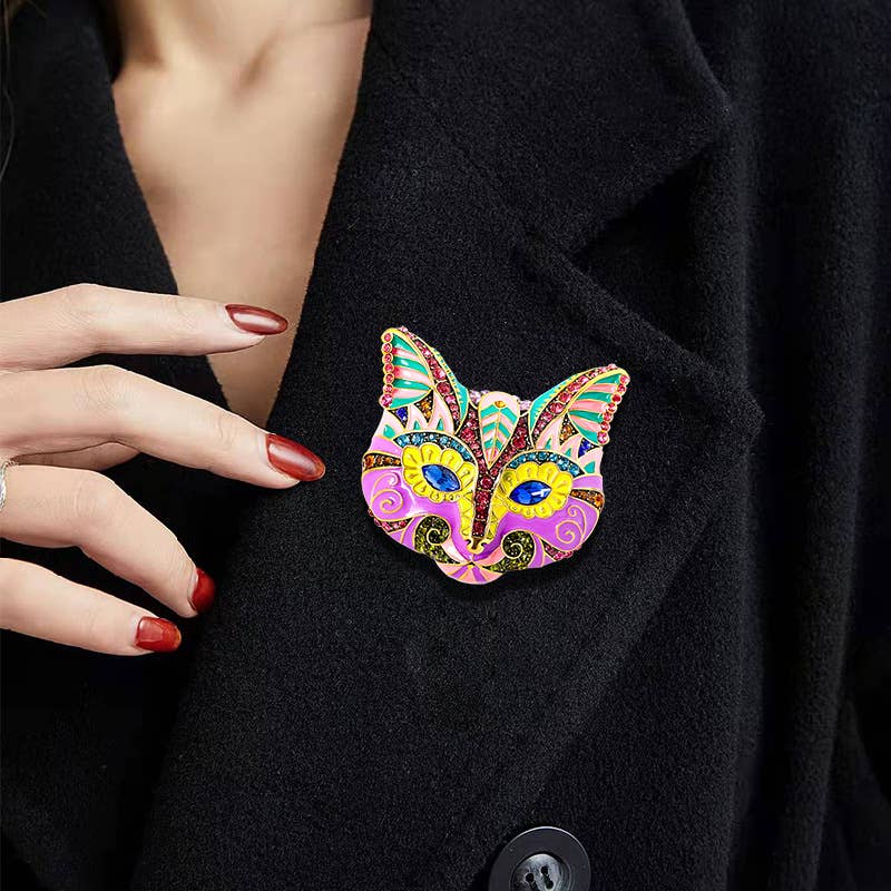 Vintage Cat Mask Brooch: Red / M